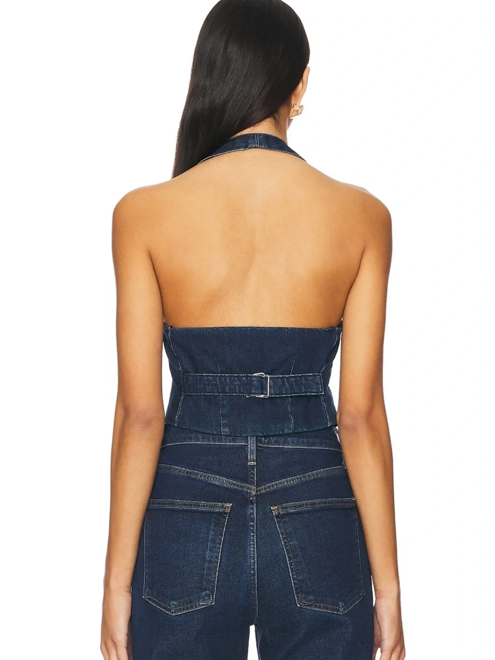 Good American Dark Blue Denim Halter Belted Crop Top